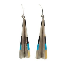 Zuni Sterling Silver Inlay Cone Shaped Dangle Earrings With Turquoise Onyx Shell